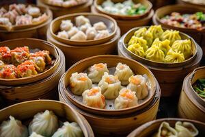 AI generated Close-up of a display of assorted Chinese dim sum in bamboo steamers. Generative AI. photo