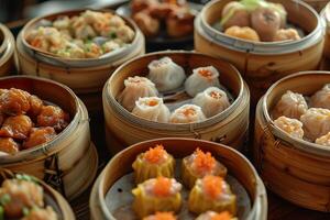 AI generated Close-up of a Chinese dim sum in bamboo steamers. Generative AI. photo