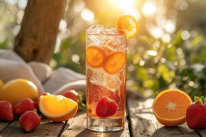 AI generated A glass of citrus drink filled with slices of oranges and strawberries. Generative AI. photo
