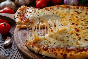 AI generated A slice of gourmet cheese pizza being lifted, with hot, melted cheese stretching from the pie. Generative AI. photo