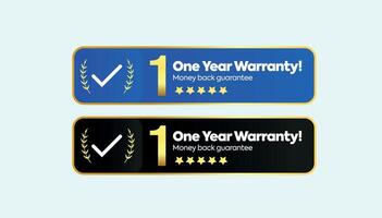 One year Warranty. Two different designs of 1 year warranty stamp, badge, label in golden and black and blue colour with light cyan background. Warranty card, stamp, label design, concept vector