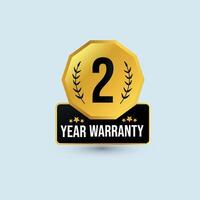 2 years Warranty. Two years warranty stamp, badge, label in golden and black colour with light cyan background. Warranty card, stamp, label design in vector format. Yearly Warranty stickers.