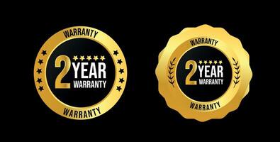 2 years of warranty. Two years warranty card with two different labels, stamps, icons design. 2 years warranty labels, stamp designs in golden and black colour. Quality assurance with warranty card vector