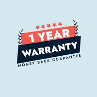 One year Warranty. 1 year warranty stamp, badge, label in red and dark blue colour with five star and money back guarantee on light cyan background. Warranty card, stamp, label design. EPS file vector