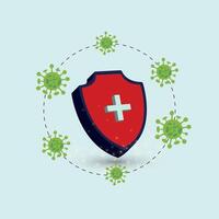 Covid protection concept. Protection shield in red colour with a plus sign surrounded by corona cells in green colour. Protection measures from covid. Safety measures for new covid variants vector