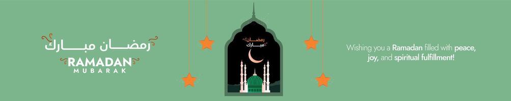 Ramadan Mubarak website banner or cover for promotion. Social media cover for Ramadan Mubarak with mosque, tomb, pillars and hanging stars. vector