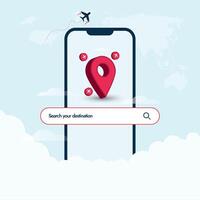 Mobile navigation mobile app for traveling. Travel the world now with best packages. Travel agency social media promotion banner with a mobile phone screen and location icon, and airplanes. vector