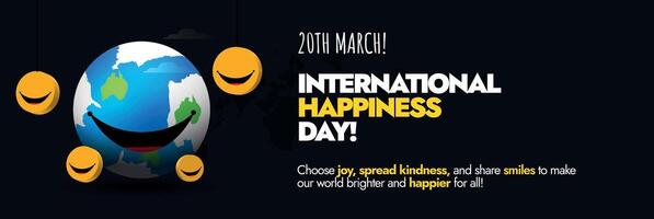 International day of Happiness. 20th March International Happiness day cover banner, card with smiling earth globe and different smiling, happy yellow emojis. Smile and spread happiness. Happy world vector