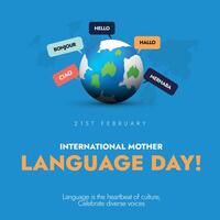 International mother language day. 21st February language day social media post with earth globe icon and speech bubbles, labels of greeting in different languages, Hello, Ciao, Bonjour, Hallo vector