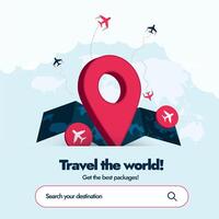 Travelling agency promotion banner. Travel the world banner and social media post, get the best packages. World tour advertising banner with location icon and airplane icons. Travel company banner vector