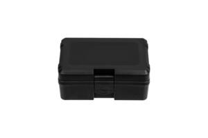 Black plastic container with foam inside for safe storage and transportation of fragile and expensive items. Sturdy plastic case. Isolate on a white back. photo