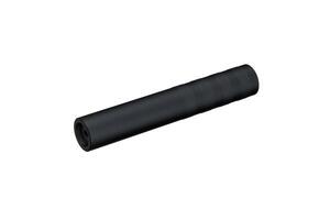 Black silencer for weapons. Suppressor that is at the end of an assault rifle. Isolate on a white back. photo