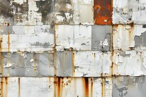 AI generated Vintage background of different old metal sheets fastened together with nails and rivets. Texture of rust and cracked paint on a metal surface. photo