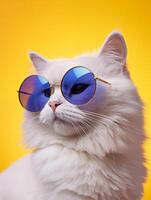 AI generated Portrait of a white fluffy cat wearing round sunglasses. Luxurious domestic kitty in glasses poses on yellow background wall. Generative ai. Ai. photo