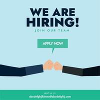 We are hiring. We are hiring, Join our team. Job hiring announcement banner with two hands doing fist bump. Job recruitment banner concept. Send your CV apply now. Hiring social media post and banner vector