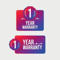 One year Warranty. Two different designs of 1 year warranty stamp, badge, label in neon red and purple dual colour with light grey background. Warranty card, stamps, labels design, concept vector