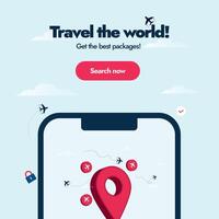 Travel and Tourism. Travel the world, get the best packages. Travel agency advertising banner with location icon and airplane icons.  World tour banner. Travel company promotion social media post vector