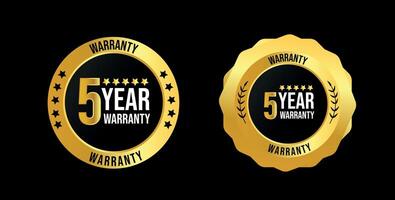 5 years of warranty. Five years warranty card with two different labels, stamps, icons design. 5 years warranty labels, stamp designs in golden and black colour. Quality assurance with warranty card. vector