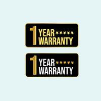 One year Warranty. Two different designs of 1 year warranty stamp, badge, label in golden and black colour with five star ratings on light cyan background. Warranty card, stamp, label design. vector