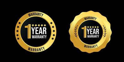 1 year of warranty. One year warranty card with two different labels, stamps, icons design. 1 year warranty labels, stamp designs in golden and black colour. Quality assurance with warranty card. vector