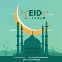 Eid Mubarak. Eid Mubarak greeting banner, social media post in green colour theme with mosque tomb, pillars and golden crescent moon. Eid celebrations wishing card, postcard, banner. vector