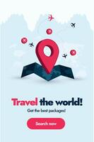 Travel the world, World tourism day. Travel the world and get best packages. Travel company advertising banner with world map, airplane icons and pink colour location icon on map 2024 vector