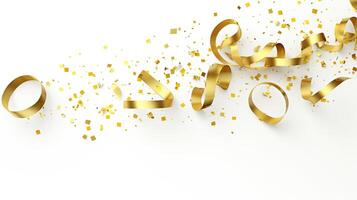 AI generated Golden Tiny Confetti And Streamer Ribbon Falling On White Background. 3d render elegant. photo