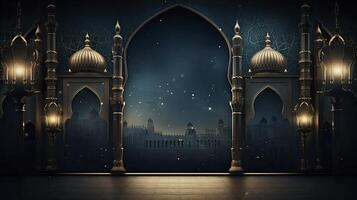 AI generated Ramadan background, free space, Art Deco, dark blue background photo