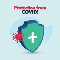 Protection from Covid. 2024 Covid protection awareness banner and social media post with a protection shield in green colour and a corona cell. Protection from Covid-19 and its new variant in 2024 vector