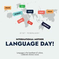 International Mother Language day. 21st February International mother language day celebration post with silhouette world map and different speech bubbles of greetings in different language vector