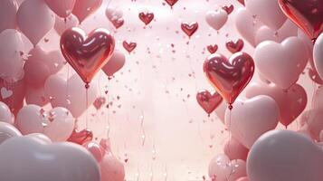 AI generated Red and pink heart balloons background, valentine day background. 3D Render photo