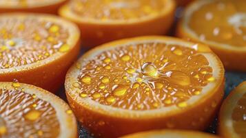 AI generated Close up of fresh oranges slice background wet with water droplet. photo