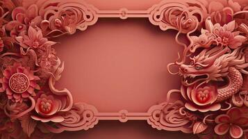 AI generated Chinese New Year theme plain background with dragon sign, typical Chinese frames on each side. luxury style of paper cut art. photo