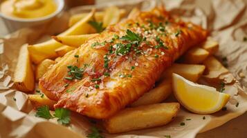 Close up of fish and chips with french fries. Fast food concept. photo