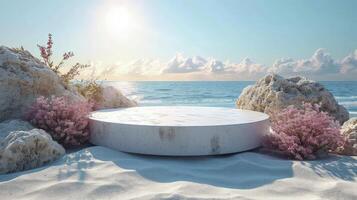 AI generated close-up a white podium in round-shaped displayed on the sand. Blue sky background. photo