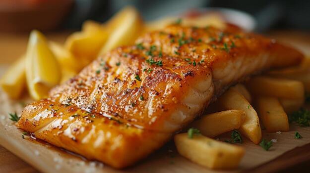 AI generated Close up view of delicious fish and chips. Fast food concept. photo
