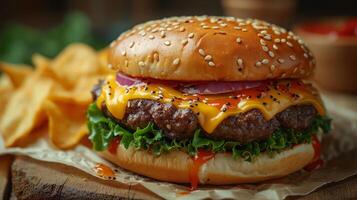 AI generated Close up view of delicious cheeseburger. Fast food concept. photo