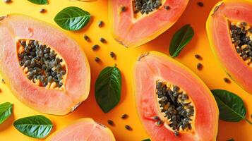 AI generated slices of papaya, a creative layout to highlight the fruit's freshness and deliciousness, direct top view. photo