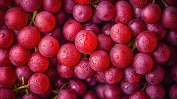 AI generated Red Grapes background. Neatly arranged clusters of red grapes, an artistic arrangement to highlight the color and beauty. photo