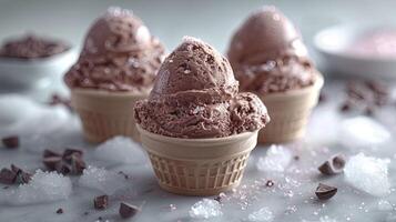 AI generated Delicious chocolate ice cream with ice cubes and choco chips, sweet dessert background. photo