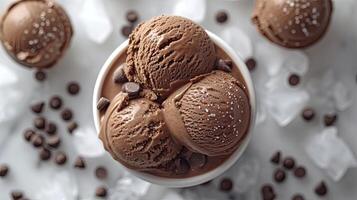 AI generated Delicious chocolate ice cream with ice cubes and choco chips, sweet dessert background. photo