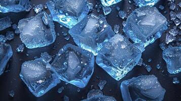 AI generated Pile of sparkling ice cubes on the table. photo