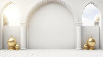 AI generated Ramadan background all white, gold accents. minimalism 3d rendering photo