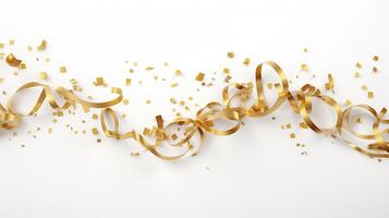 AI generated Golden Tiny Confetti And Streamer Ribbon Falling On White Background. 3d render elegant. photo