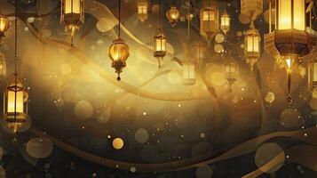 AI generated Ramadan themed background, shiny nipple wall, gold lanterns in the corner, gold particles and small lanterns hanging, Art Nouveau style photo