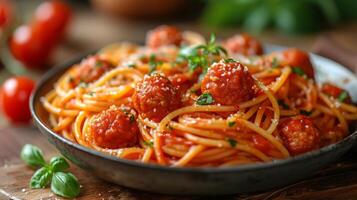 AI generated Close up view of delicious spaghetti with meat balls. Western food concept. photo