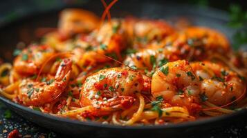 AI generated Close up view of delicious spaghetti with prawn. Western food concept. photo