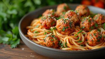 AI generated Close up view of delicious spaghetti with meat balls. Western food concept. photo