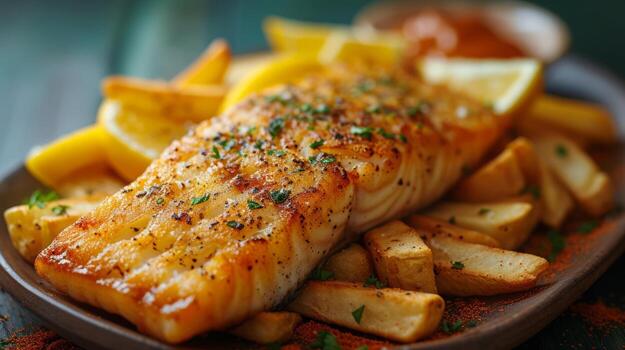 AI generated Close up view of delicious fish and chips. Fast food concept. photo