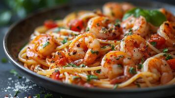 AI generated Close up view of delicious spaghetti with prawn. Western food concept. photo